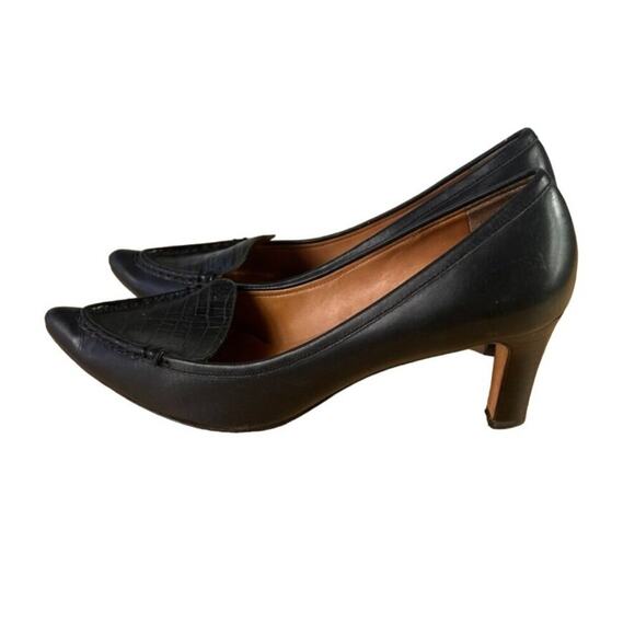 Ann Taylor Pumps Women 6 Black Leather Embossed Croc Front Loafer Pointed Toe - Picture 2 of 11